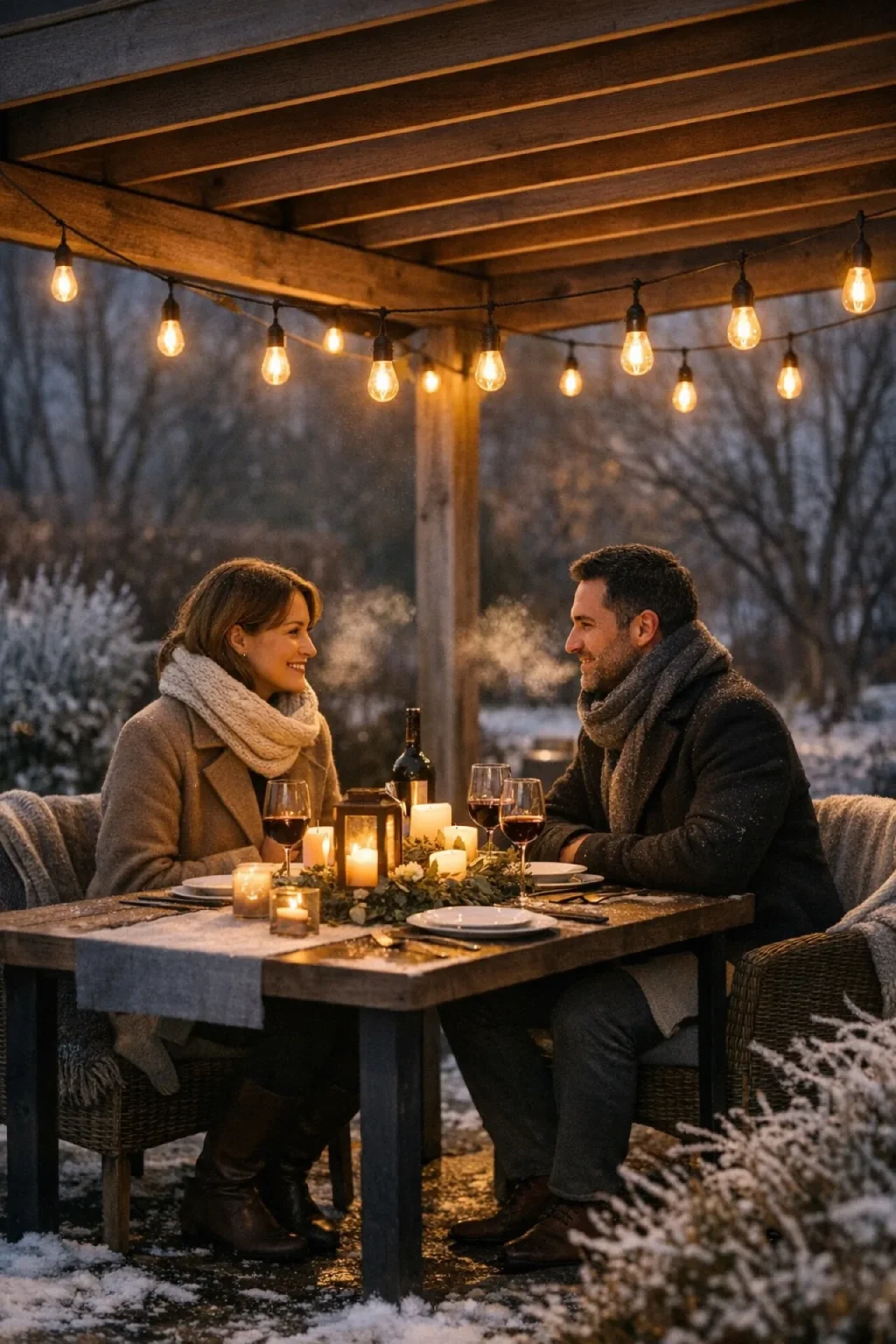 Couple partageant un verre de vin sous une pergola en bois Horus Bois Concept éclairée par une guirlande, en hiver