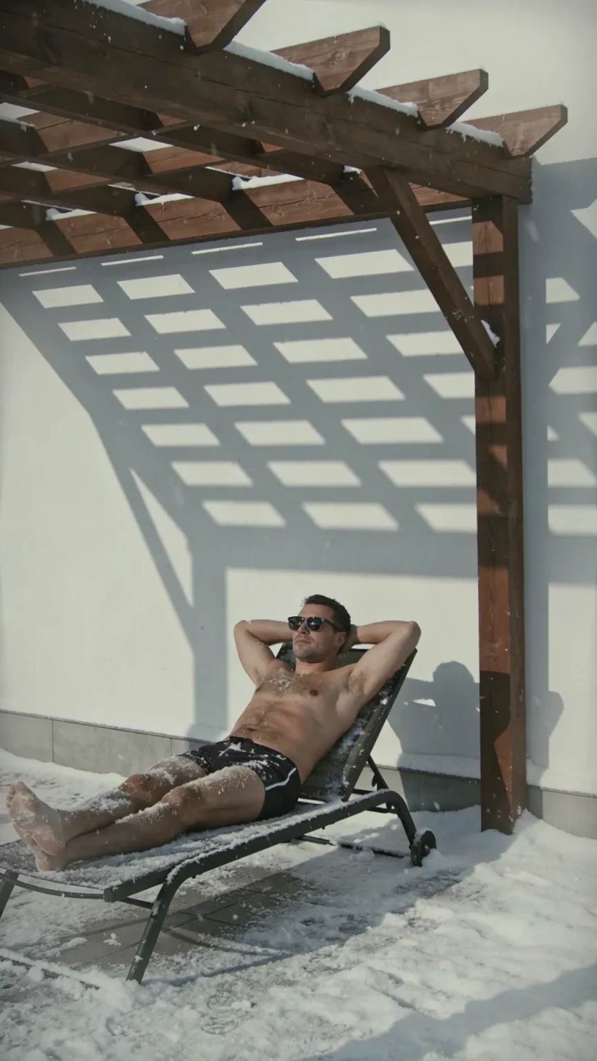 Homme en transat sous une pergola en bois Horus Bois Concept profitant du soleil malgré la neige
