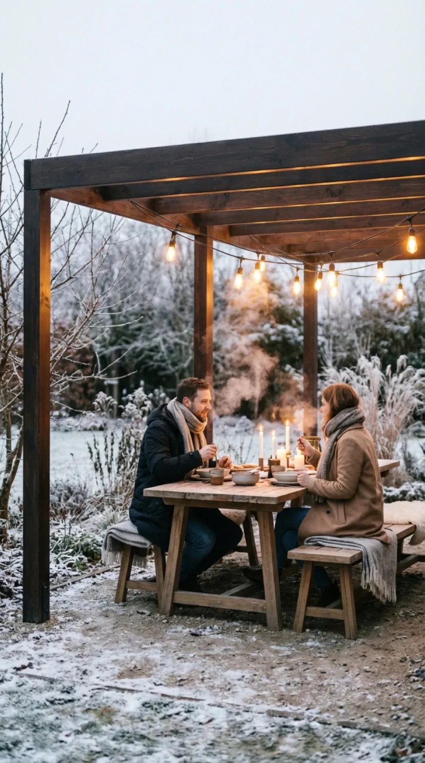 Couple dînant sous une pergola en bois Horus Bois Concept dans un jardin enneigé, éclairée par une guirlande
