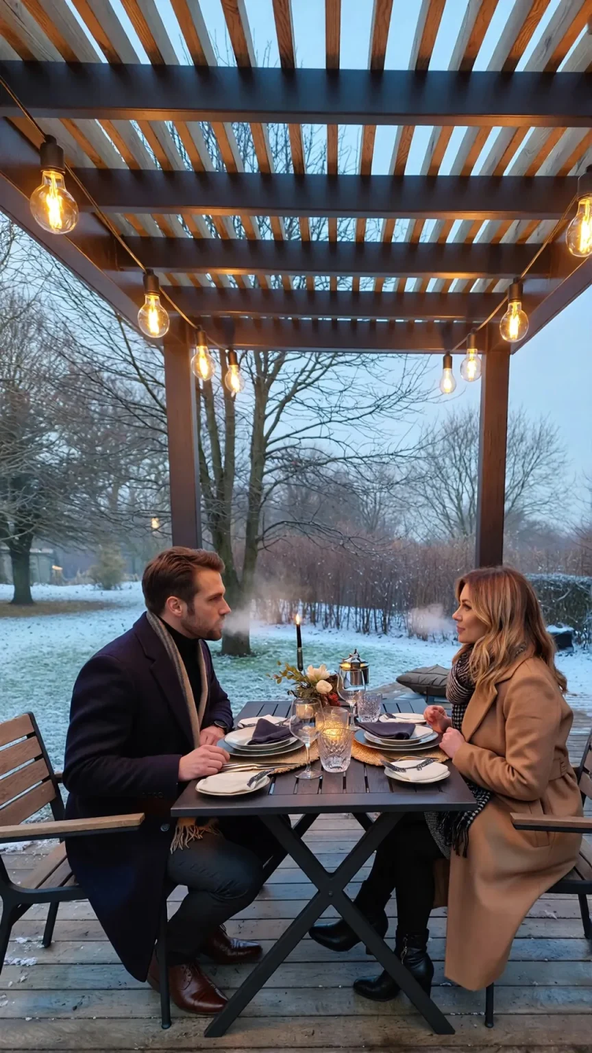 Couple savourant un dîner sous une pergola en bois Horus Bois Concept éclairée d'une guirlande, en hiver
