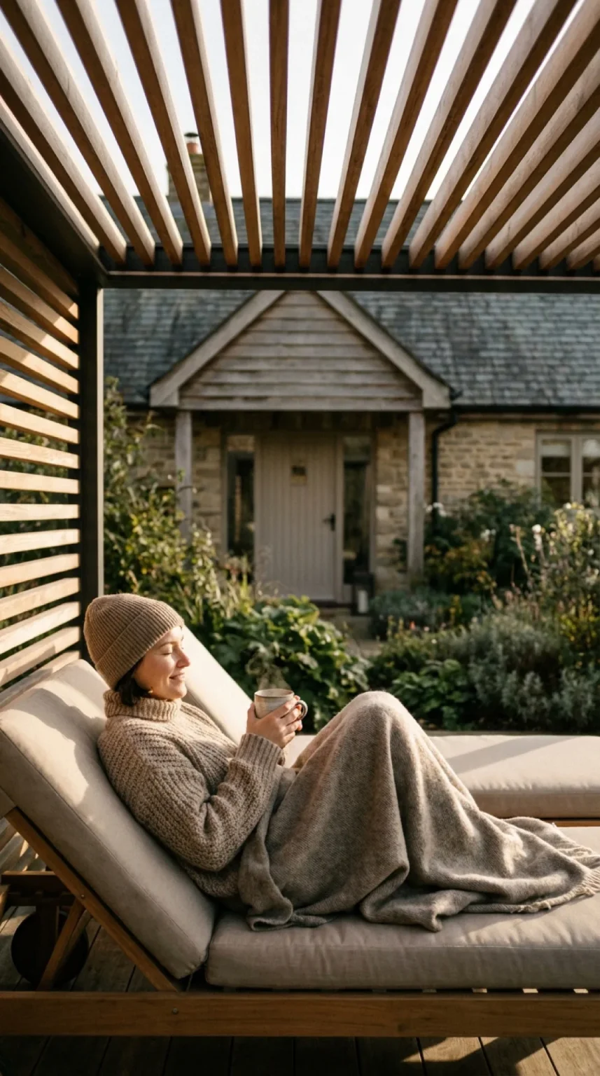Femme se relaxant sur transat sous pergola lattée en bois Horus Bois Concept devant un cottage en pierre