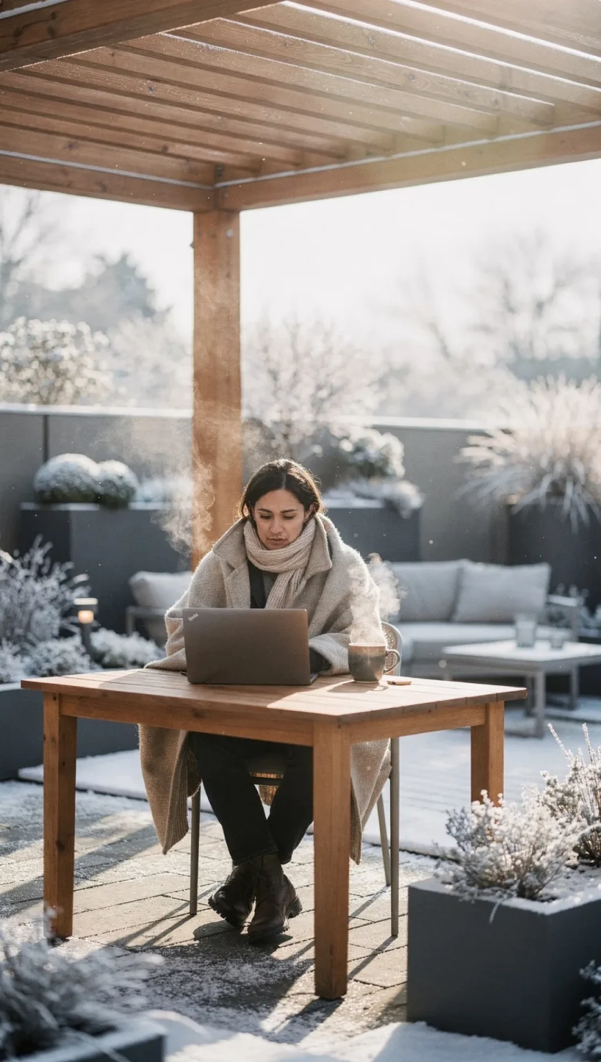 Femme télétravaillant à l'extérieur sous une pergola en bois Horus Bois Concept par temps froid