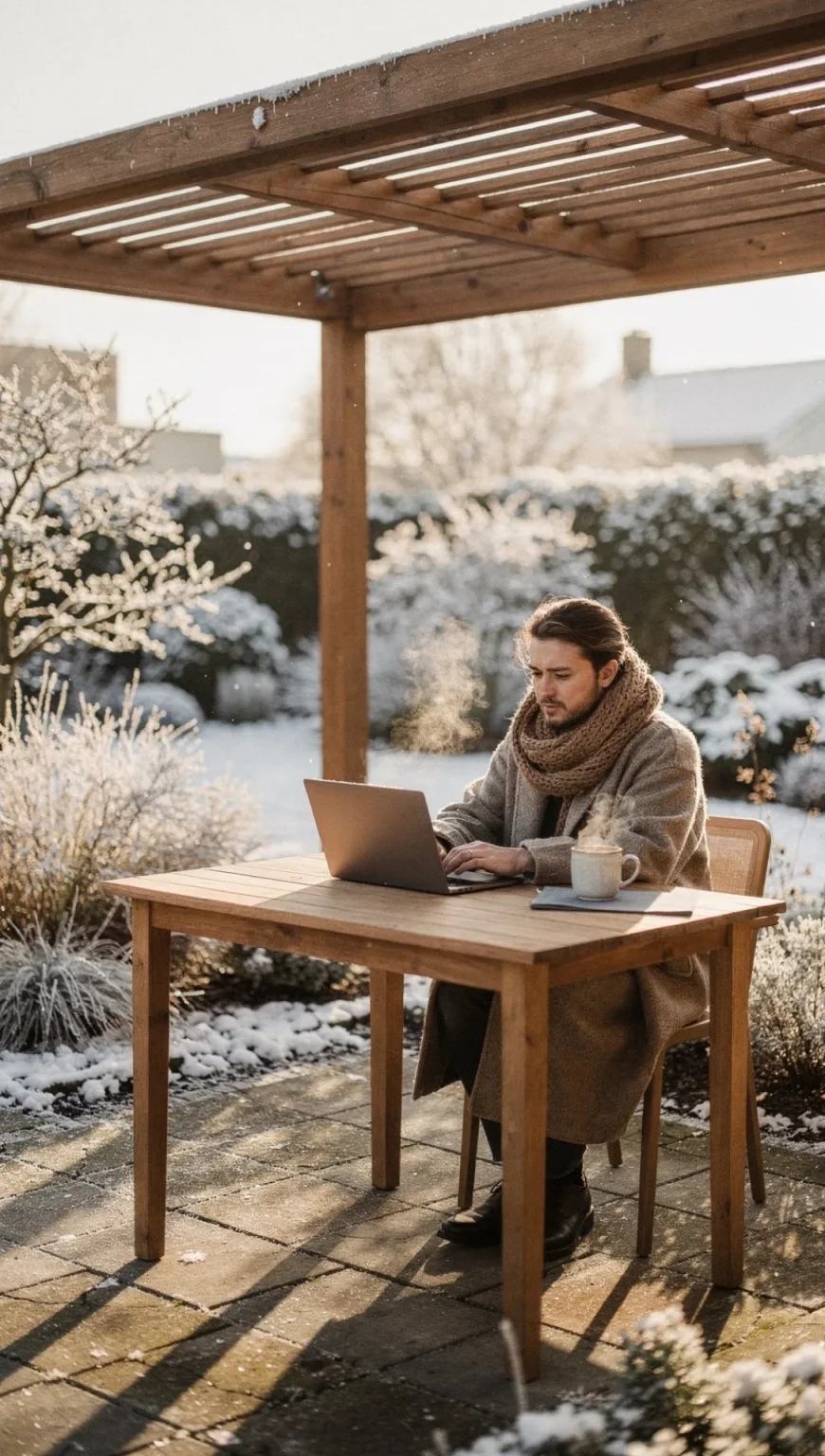 Homme travaillant sur ordinateur sous une pergola en bois Horus Bois Concept dans un jardin enneigé