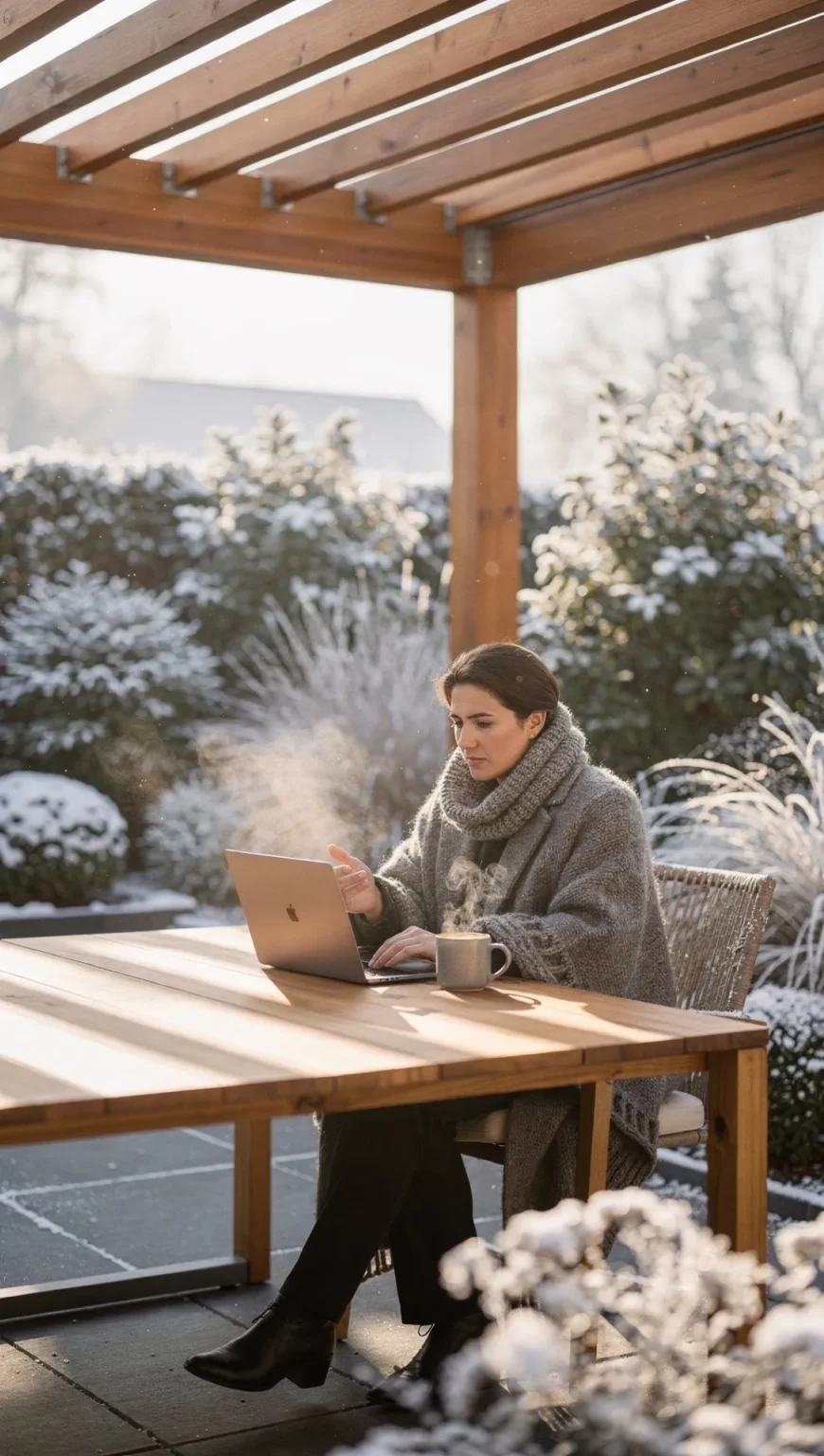 Femme télétravaillant sur une grande terrasse en bois Horus Bois Concept dans un jardin enneigé