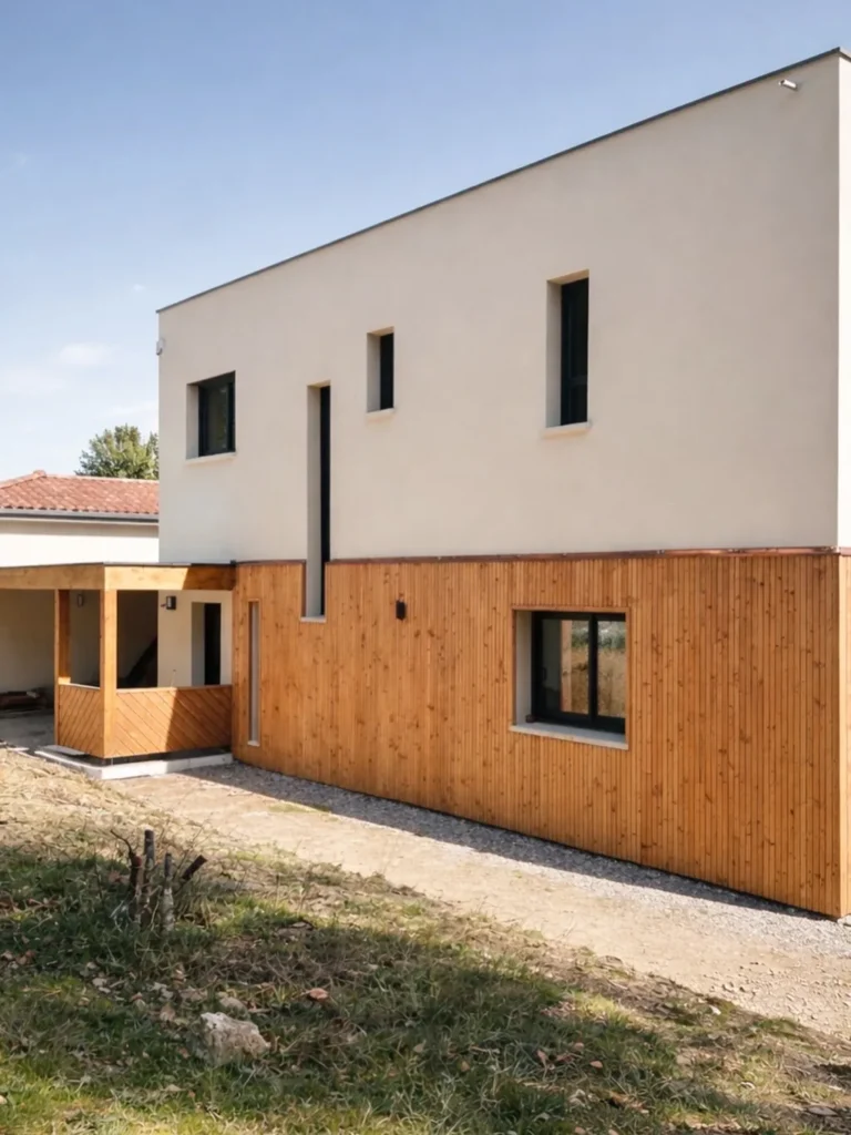 Carport maison bardage bois angle