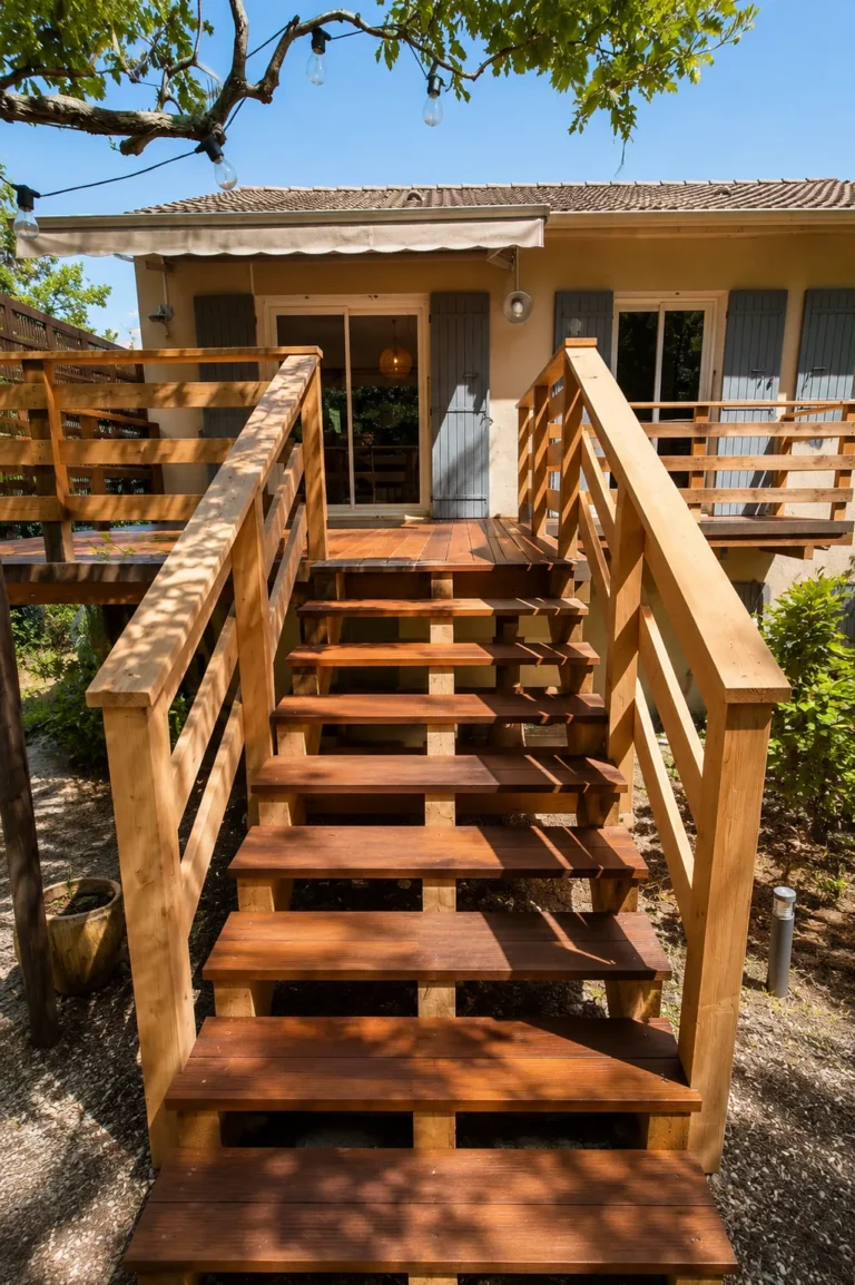 Terrasse escalier bois guirlandes