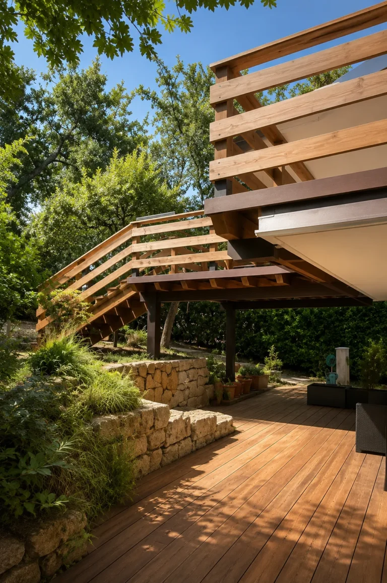 Terrasse surelevee escalier bois massif